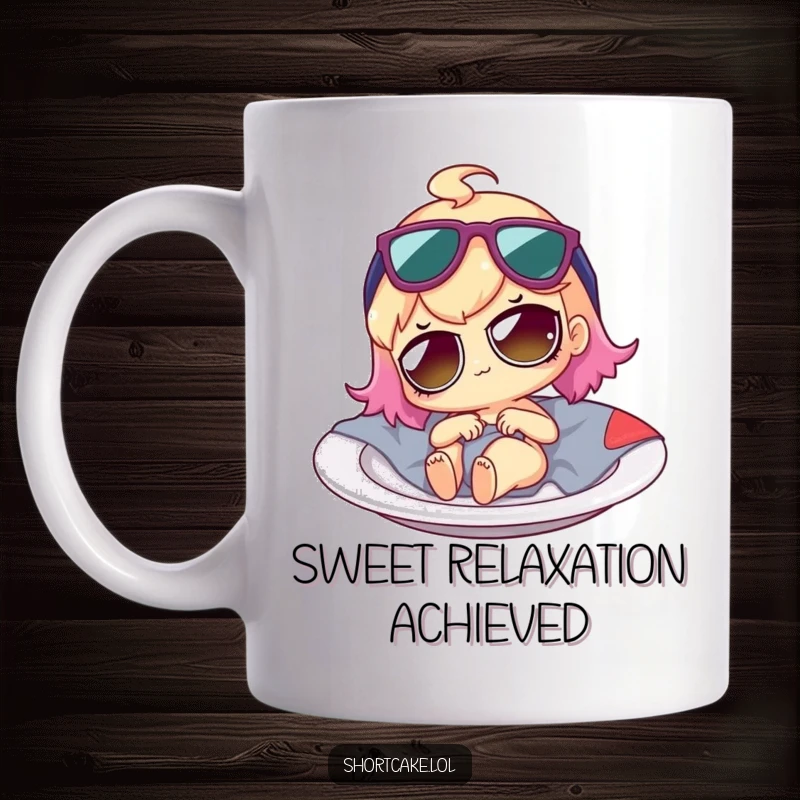 Funny shortcake character wearing tiny sunglasses, lounging on a plate like a sunbed, looking incredibly relaxed and stylish.