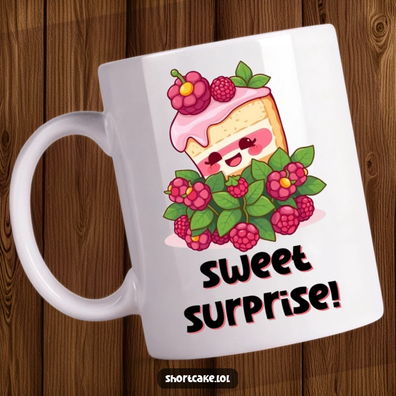 Funny Shortcake Surprise Mug. A slice of shortcake comically pops out of a berry bush with a surprised expression, bringing dessert humor.