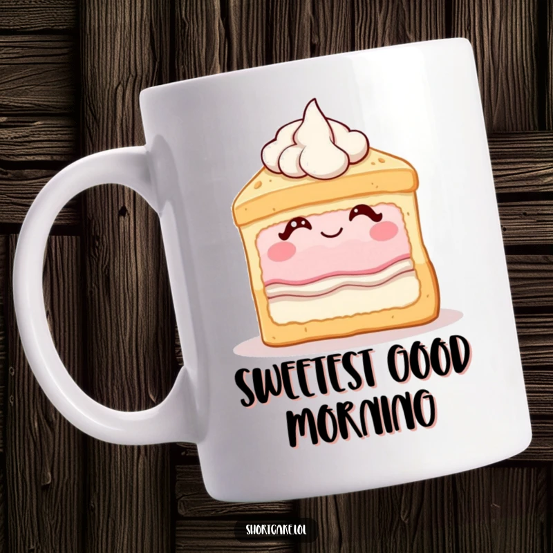 Funny shortcake slice mug showing a dessert character winking with a dollop of cream, a cute and humorous expression.