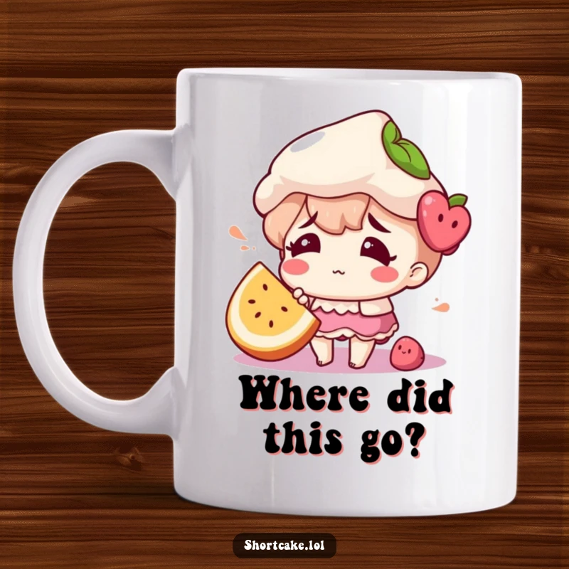 Funny mug featuring a confused shortcake character with a fruit slice comically out of place.