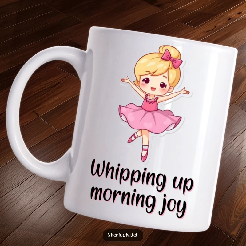 Funny mug featuring a shortcake character gracefully performing a ballet twirl with a joyful expression.