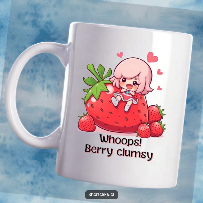 Funny shortcake character comically slipping on a giant red strawberry, cute dessert illustration for a funny gift.