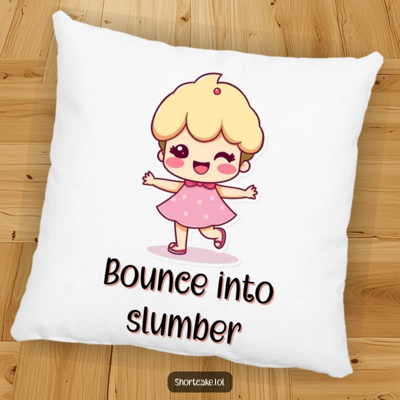 Funny pillow with a shortcake character taking a cheerful, bouncy step, perfect for adding humorous comfort and a dose of happiness.