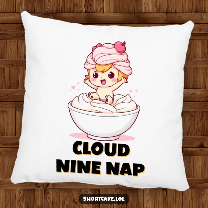 Funny pillow showcasing a cute shortcake character making a joyful splash into a fluffy mound of whipped cream.