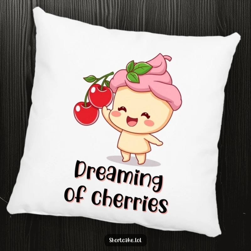 Funny plush pillow with a happy shortcake character reaching for a cherry, providing comfort and a dose of dessert humor.