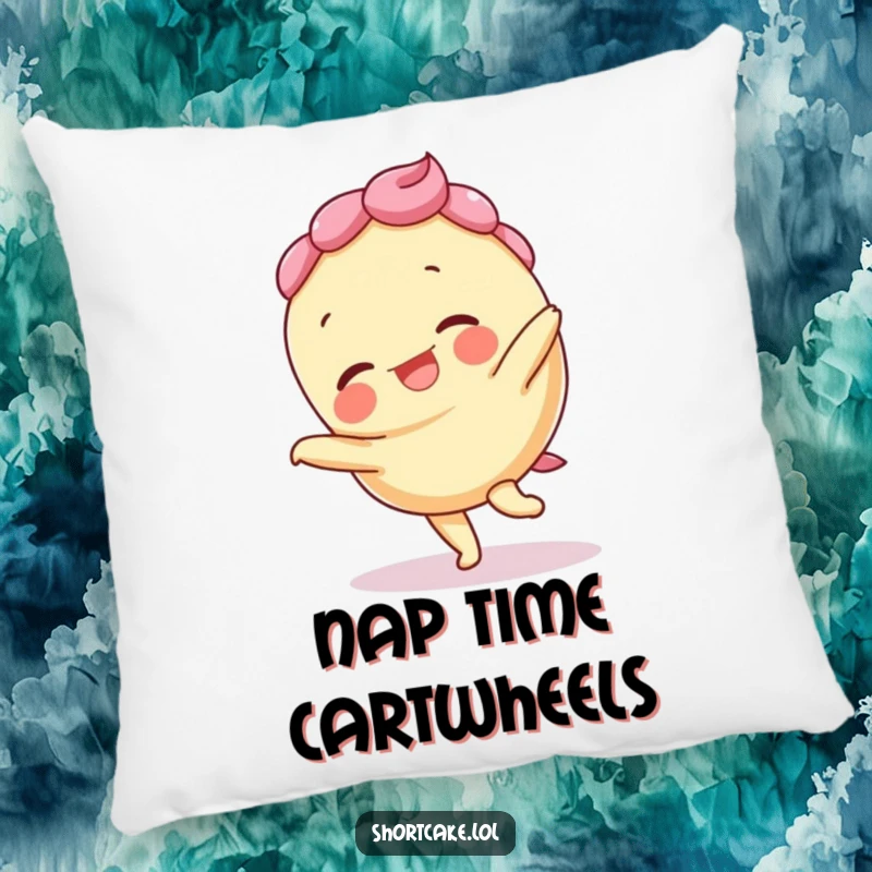 Funny pillow featuring a giggling shortcake character doing a cartwheel, layers slightly askew, for playful comfort.