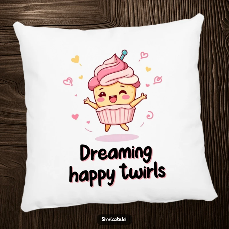 Funny shortcake pillow, cute dessert character in a celebratory spin, frosting swirls, soft cushion, charming funny gift.
