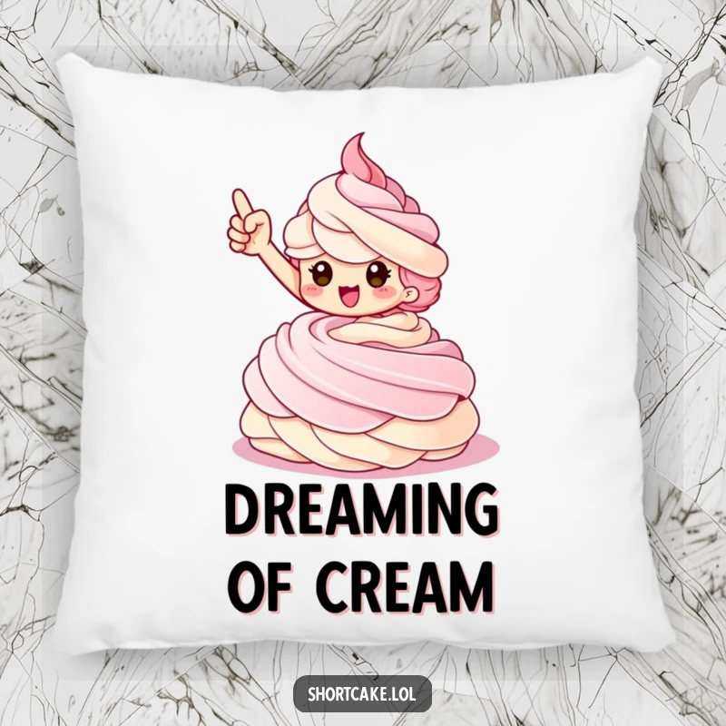 Funny Shortcake Pillow with a triumphant shortcake character striking a pose on a whipped cream swirl.
