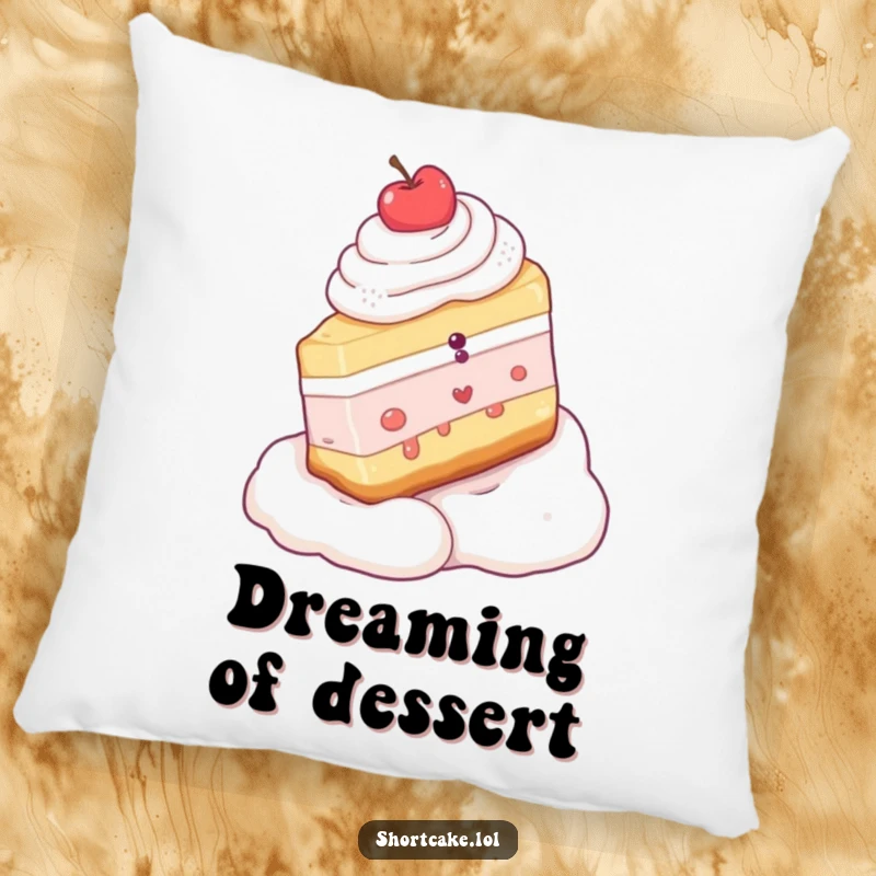 Funny pillow with a shortcake slice enjoying a creamy slide down a whipped cream slope, offering soft, humorous comfort.