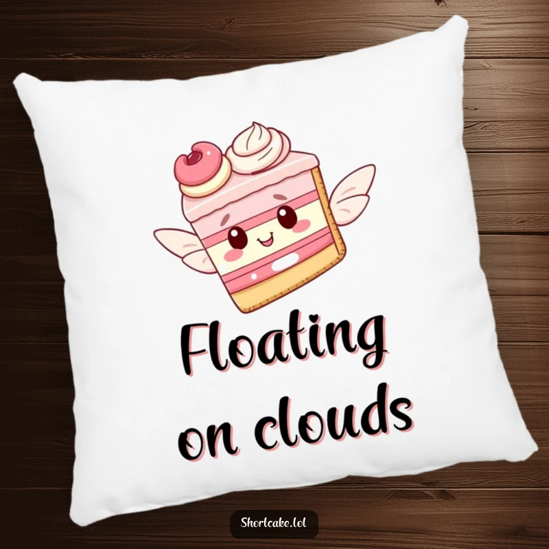 Funny pillow with a shortcake slice sporting pastry wings, poised for flight, offering soft comfort and whimsical charm.