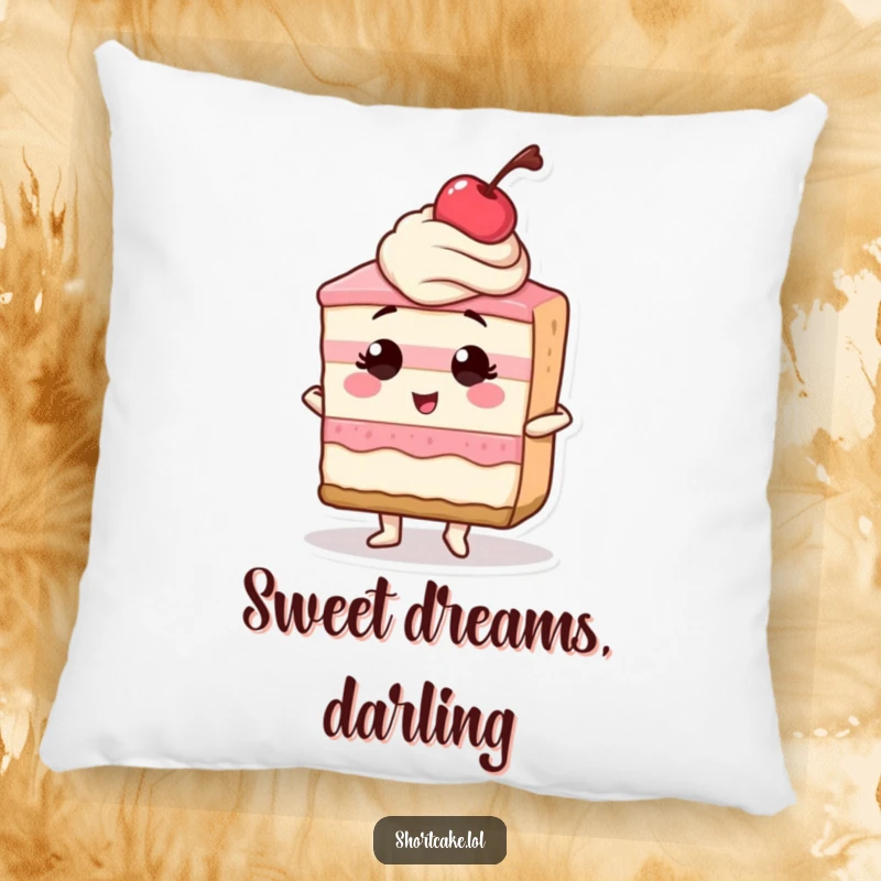 Funny pillow featuring a shortcake slice in a confident stance, topped with a cherry, offering plush comfort and bold humor.