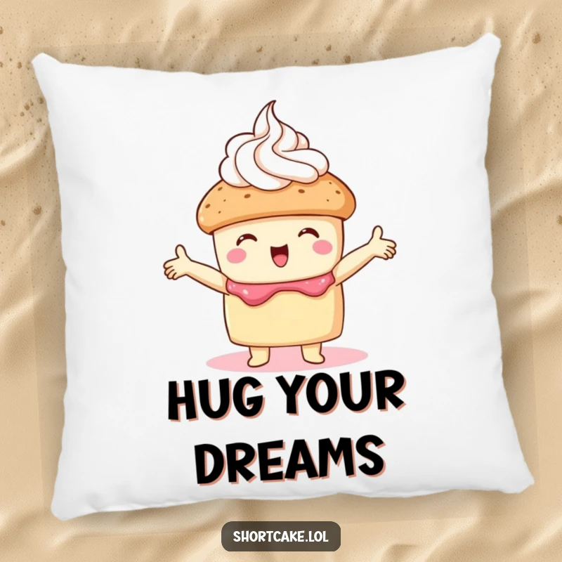 Funny shortcake pillow showing a shortcake embracing whipped cream with open arms, perfect for adding sweet and cozy humor.
