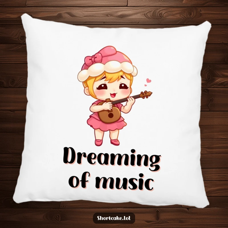 Funny shortcake character playing a tiny fife with gusto, a soft and humorous pillow adding musical sweetness.