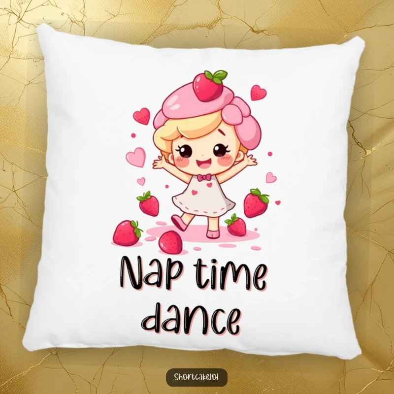 Funny happy shortcake character dancing with berry juice splatters, printed on a soft and cuddly pillow.