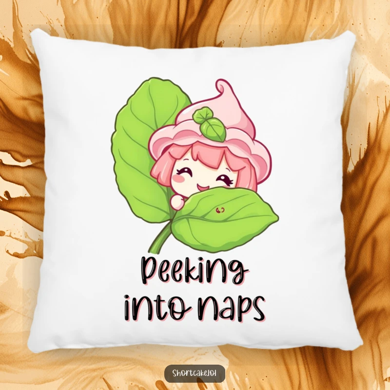 Funny Shortcake Pillow with a sweet shortcake character peeking with a grin from behind a mint leaf.