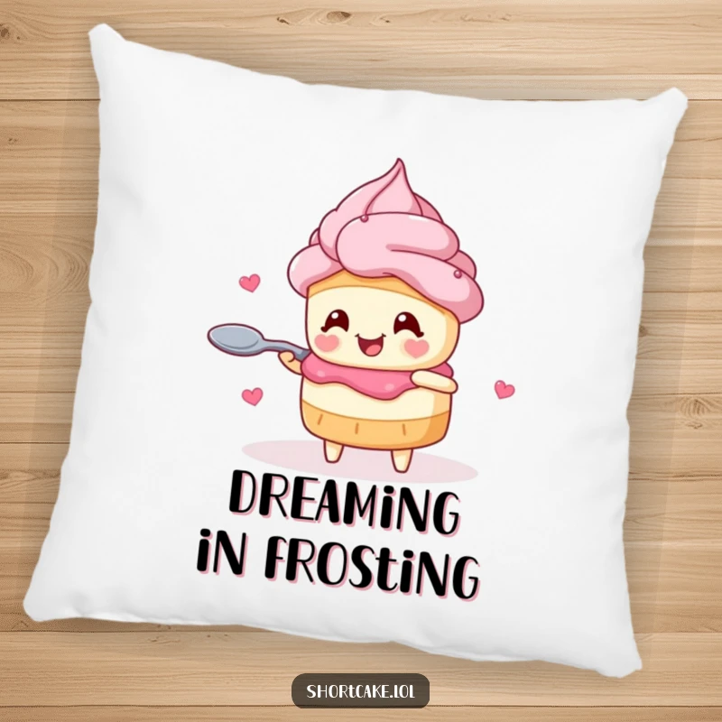 Funny shortcake pillow featuring a character with heart eyes joyfully twirling a spoon, soft, cute, and decorative.