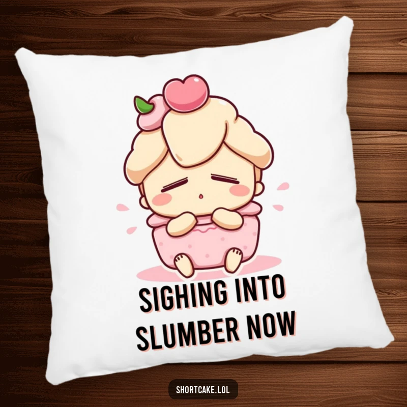 Funny shortcake pillow, cute dessert character with eyes closed, satisfied sigh, soft cushion, charming funny gift.