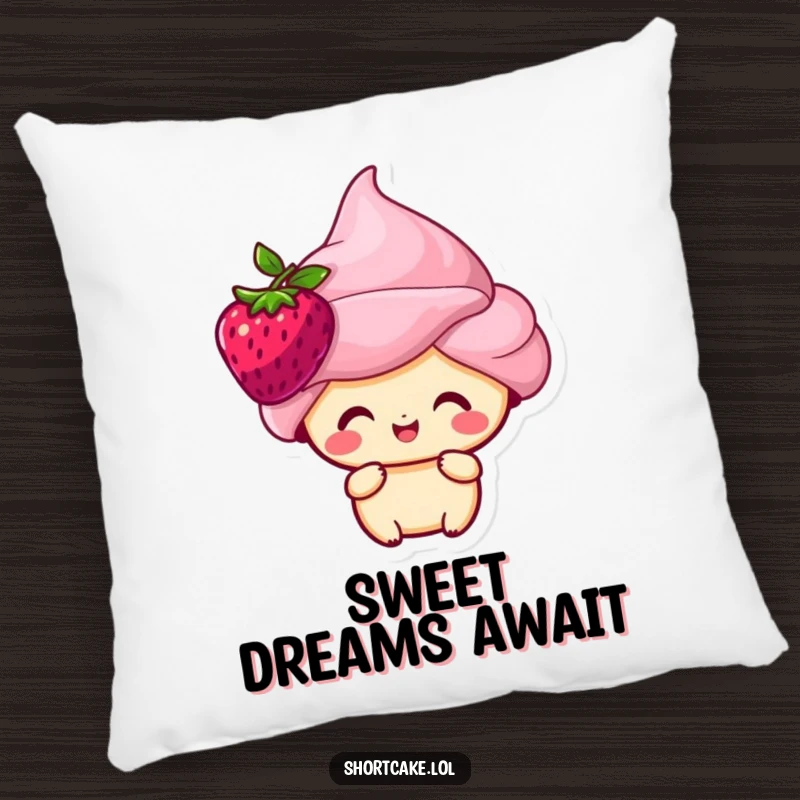 Soft funny shortcake character with a berry on its head, looking happy, designed as a comfortable pillow.
