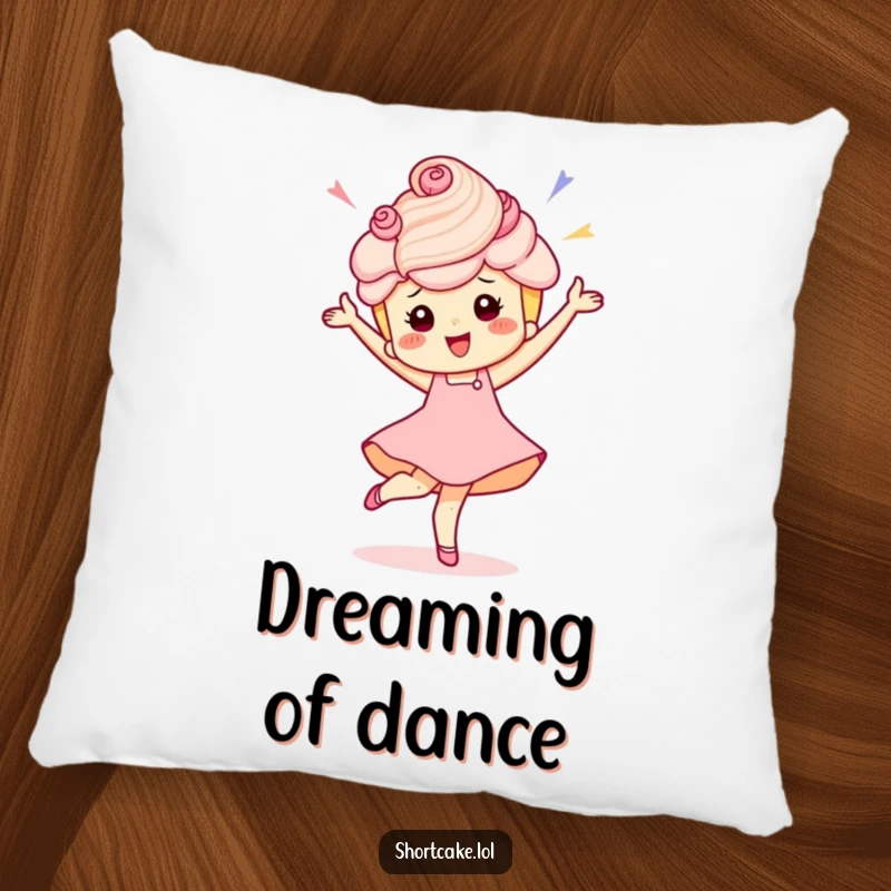 Funny pillow featuring a shortcake character in a joyful, celebratory pirouette, perfect for a sweet, comfy accent.