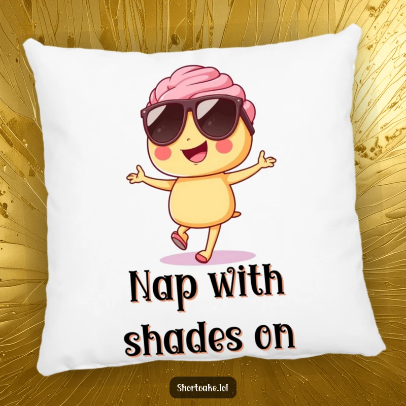 Funny shortcake pillow, sunglasses, hopping stylishly, comfortable, cheerful accent, humorous home decor.
