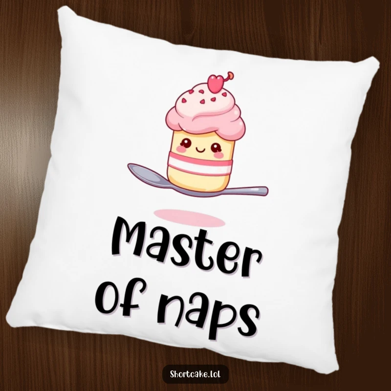 Funny shortcake winking on a spoon pillow, a dessert character balancing playfully, offering comfort and humor.
