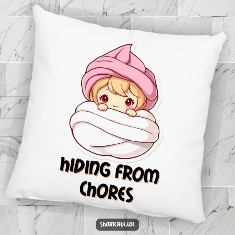 Funny pillow with a shortcake character peeking from a meringue swirl, ideal for adding humorous comfort and charm to any couch.