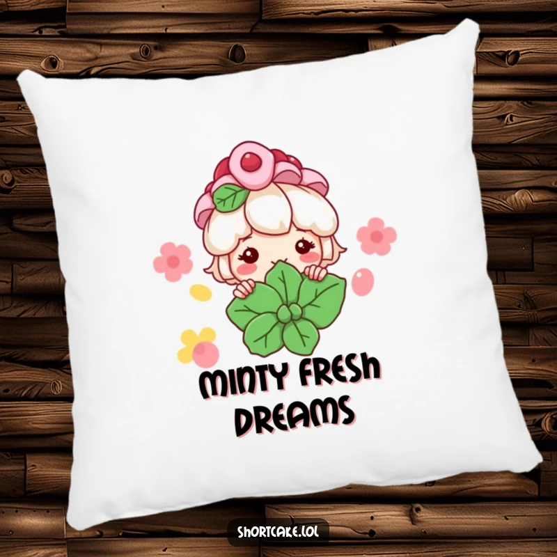 Funny Shortcake Pillow: A shortcake character peeks from behind a mint leaf with a grin, offering cozy comfort and sweet charm.