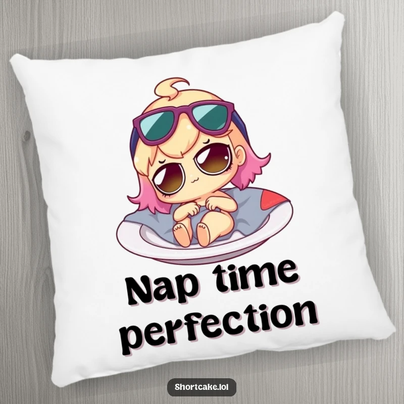 Funny shortcake character in sunglasses, lounging on a plate, depicted as a soft and cozy decorative pillow.
