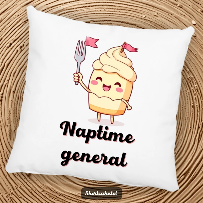 Funny pillow featuring a jubilant shortcake character waving a miniature fork flag, offering comfort and celebratory cheer.