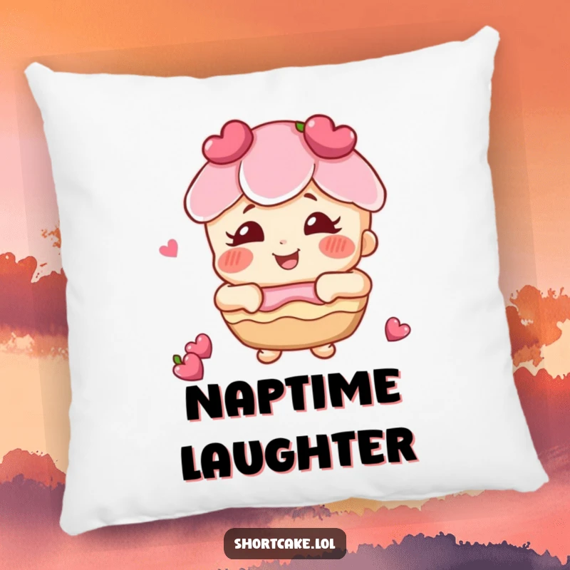 Funny shortcake with rosy cheeks giggling pillow, a cuddly dessert character radiating warmth and infectious giggles.