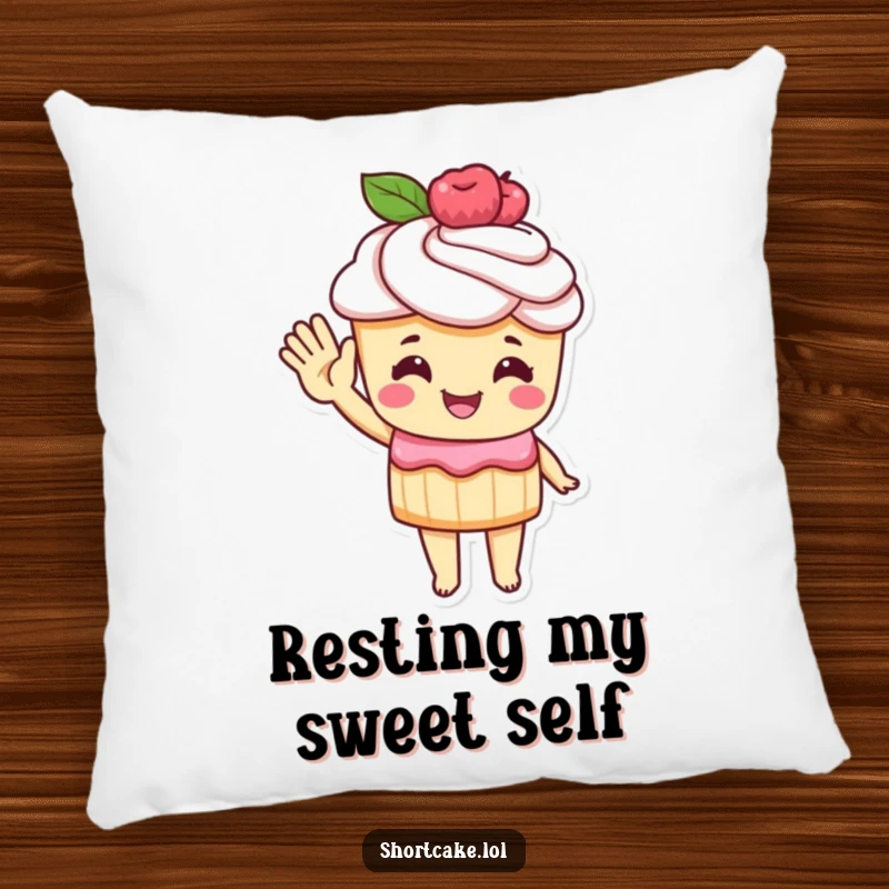 Funny Pillow featuring a shortcake character offering a cheerful wave with its pastry hand, perfect for adding comfort and humor.