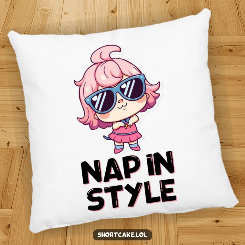 Funny kawaii shortcake wearing oversized sunglasses, striking a goofy pose, offering softness and cool humor. Gift idea.