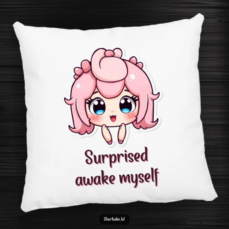 Funny shortcake pillow, cute dessert character with wide, jammy eyes, surprised expression, soft cushion, charming funny gift.