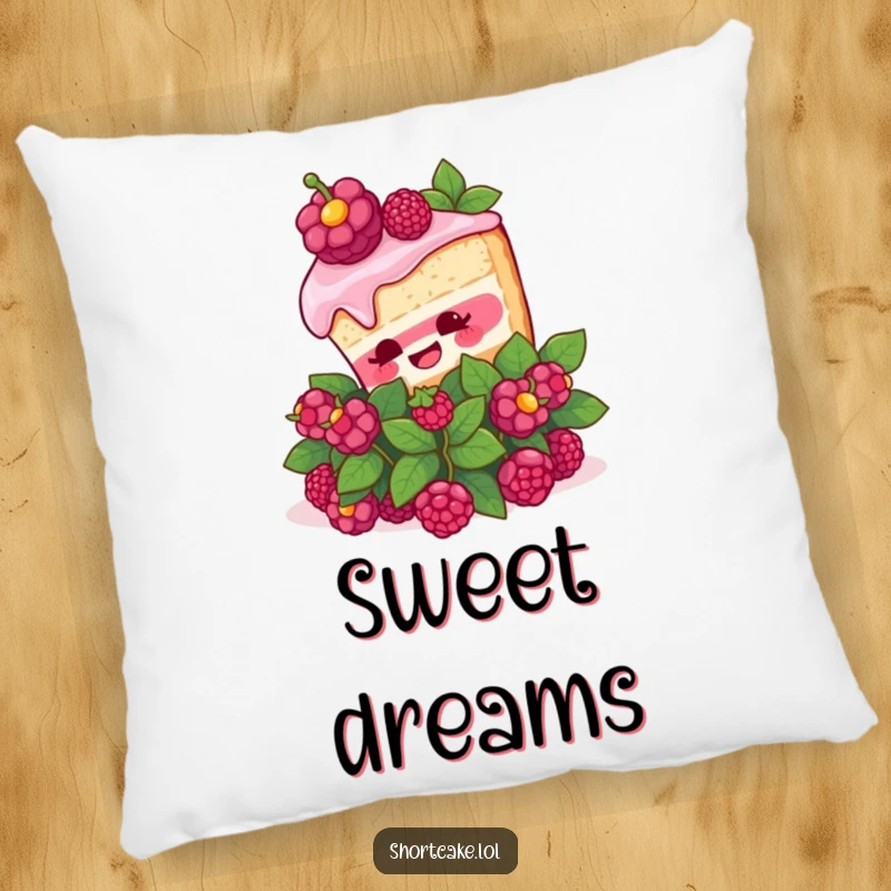 Funny Shortcake Surprise Pillow. A plush cushion featuring a shortcake slice popping out of a berry bush with surprise, bringing dessert humor.