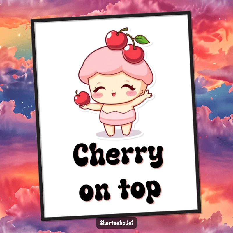 Funny shortcake character with a cherry balanced on its point like a hat, a humorous digital art print for joy.