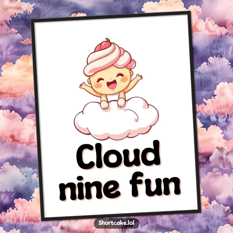 Funny shortcake digital art print of a giggling shortcake bouncing on a fluffy cloud, adding a sweet and joyful touch.