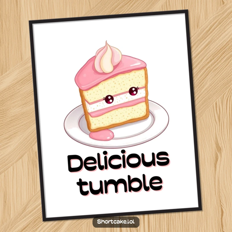 Funny Shortcake Roll Digital Art Print. A downloadable artwork of a shortcake slice rolling with delight down a plate edge, for dessert humor.