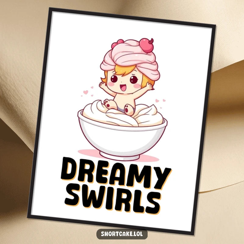 Funny digital art of a cute shortcake character making a spectacular jump into a fluffy bowl of whipped cream.
