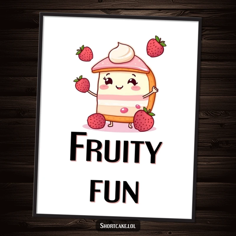 Funny shortcake digital art print of a smiling slice juggling three small berries, adding a sweet and joyful touch.