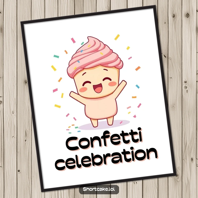 Funny shortcake doing a confetti toss digital art print, a dessert character celebrating with a confetti shower, for festive decor.