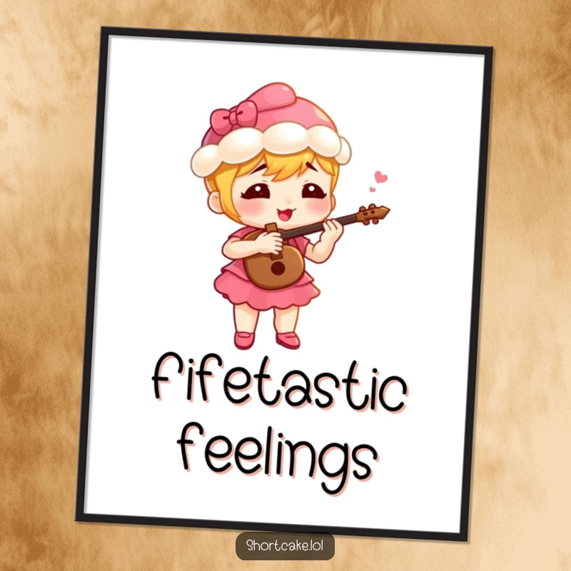 Funny shortcake character energetically playing a tiny fife with gusto, a humorous digital art print for musical delight.