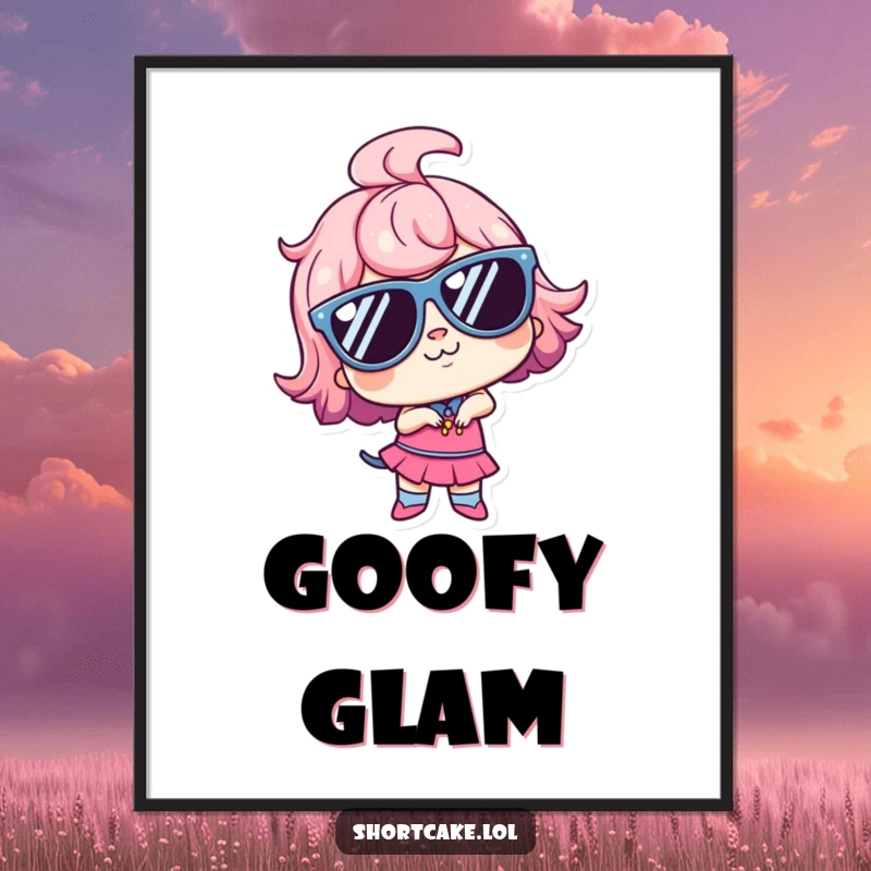 Funny kawaii shortcake character wearing sunglasses, striking a goofy pose, ready to bring cool humor to your decor. Great gift.