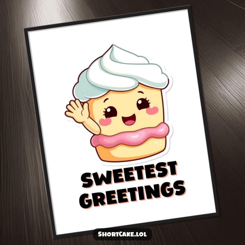 Funny happy shortcake waving digital art print, a cheerful dessert character ready to bring joy to any room.