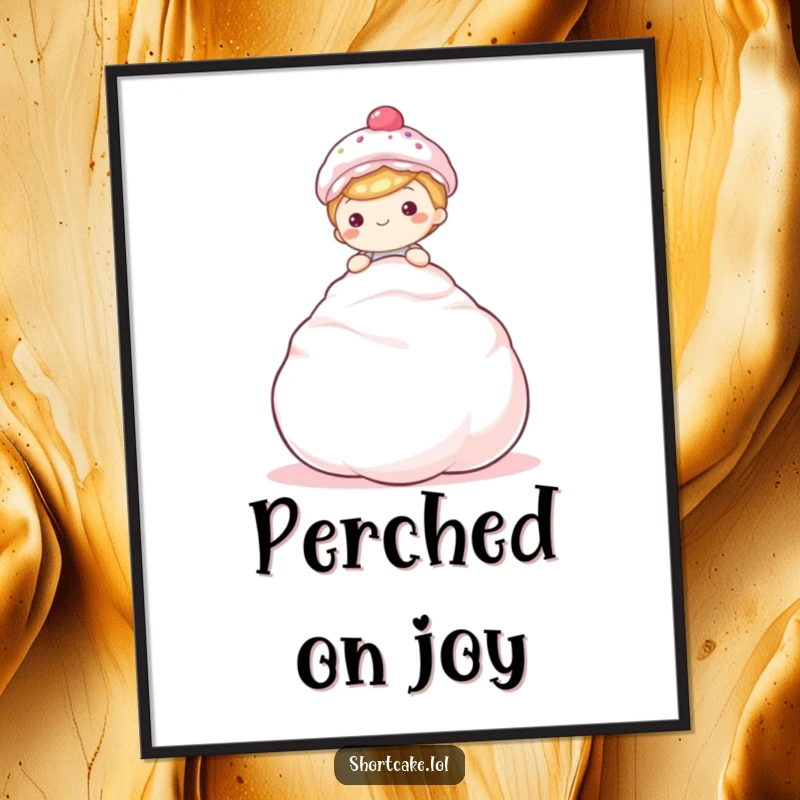 Funny shortcake digital art, sitting on meringue, happy, sweet illustration, instant download.