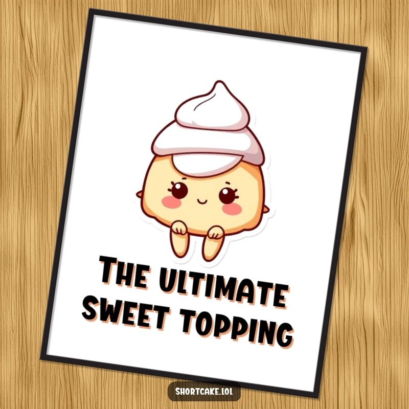 Funny digital art print of a shortcake character wearing a dollop of cream as a hat, ready for download.