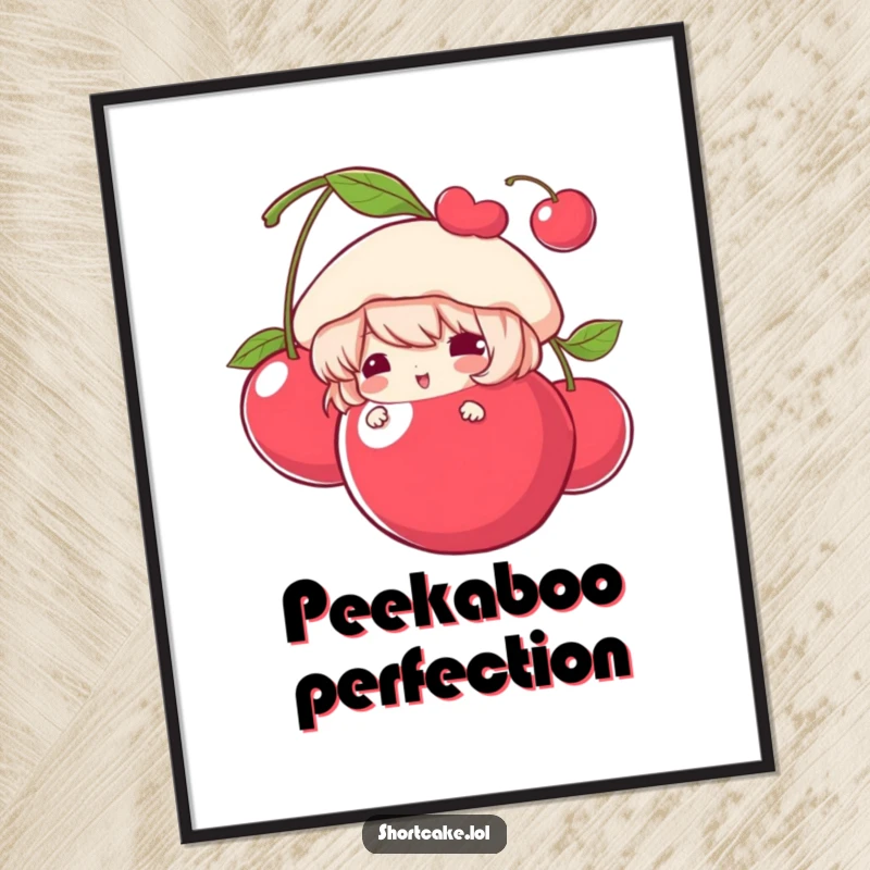 Funny Digital Art Print of a shortcake character peeking from behind a giant cherry, perfect for playful and instant decoration.