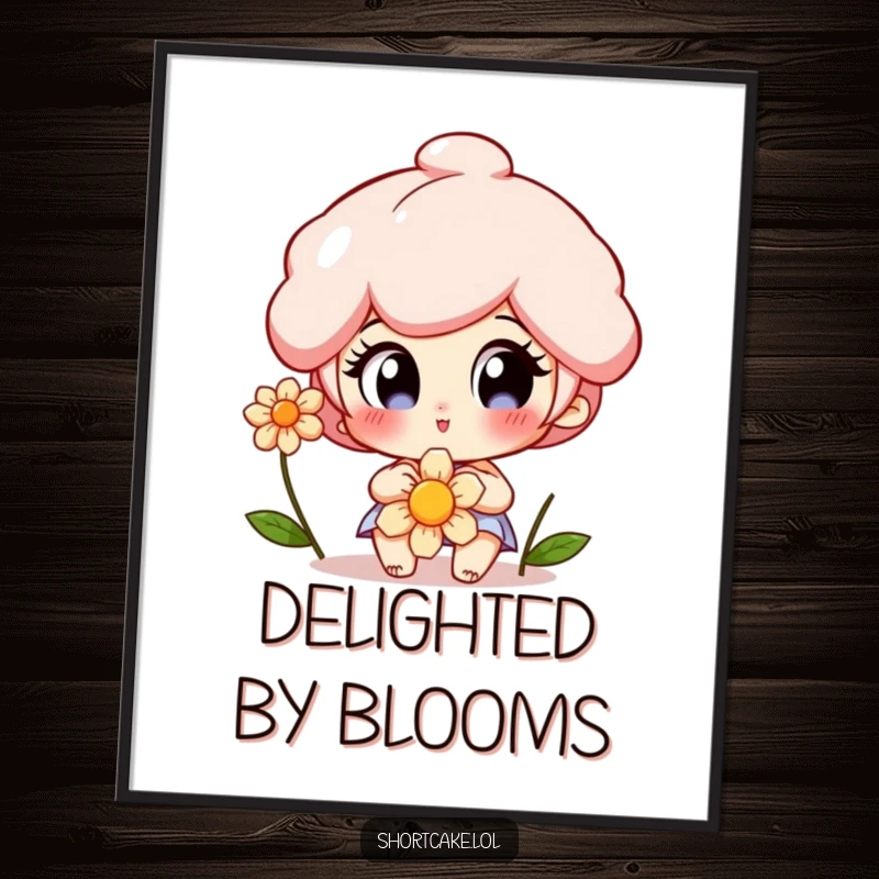 Funny Shortcake Digital Art Print featuring a character with wide, delighted eyes admiring a flower, conveying peaceful fascination.