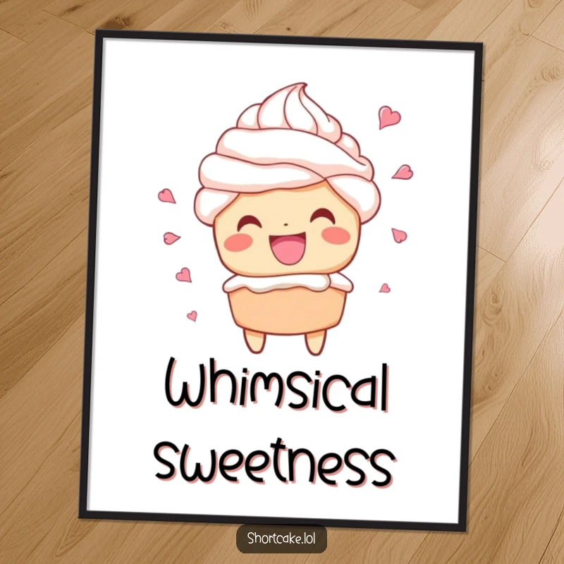 Funny digital art print of a shortcake character grinning widely with whipped cream flying, ideal for cheerful decor.