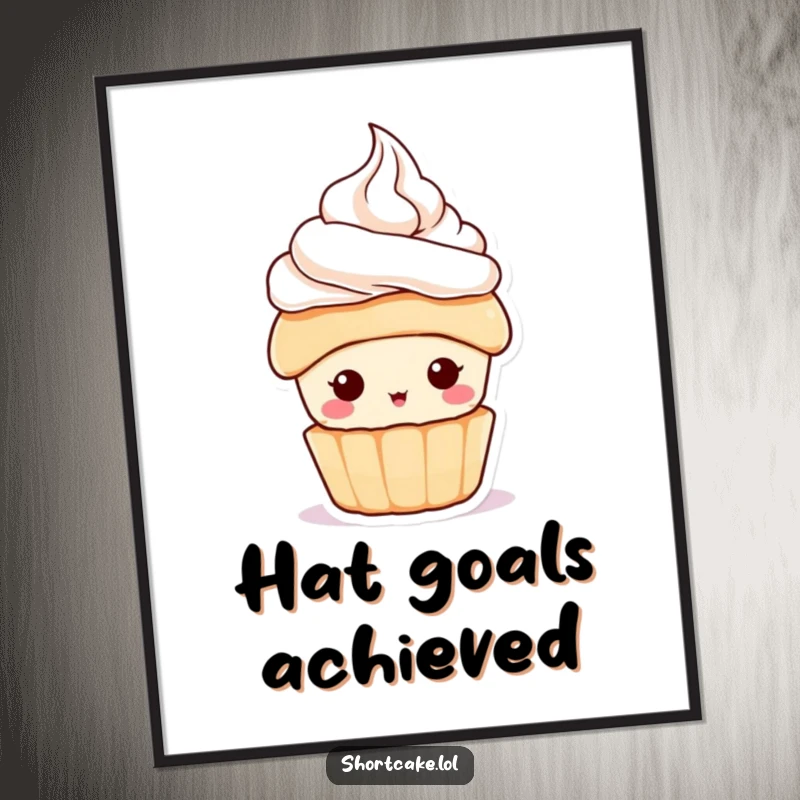 Funny Shortcake Hat Digital Art Print of a cute dessert character wearing a tiny whipped cream hat, offering instant charm and a funny gift.