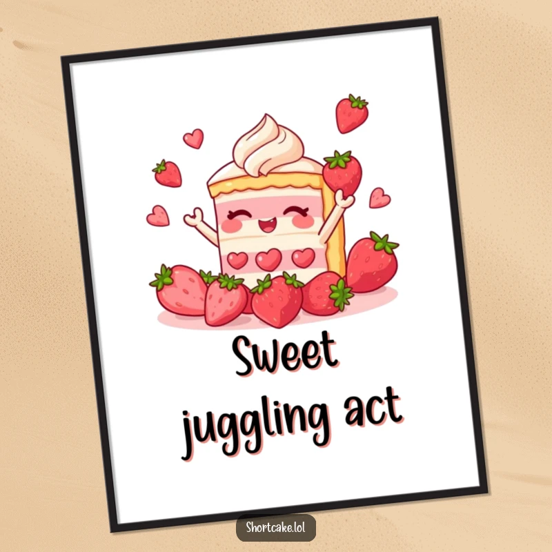 Funny shortcake digital art print of a dessert slice juggling strawberries, offering instant cheer and whimsical sweetness.
